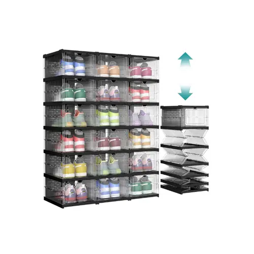 SONGMICS Collapsible Transparent PP Plastic Shoe Storage Boxes - Shoe Holder, Compartmentalized Organizer, Stackable Portable Racks, 20 – 25 Kg Capacity, Foldable Adapts to Your Space, for US Size 13, Wardrobe Dorm Room, Storage Containers