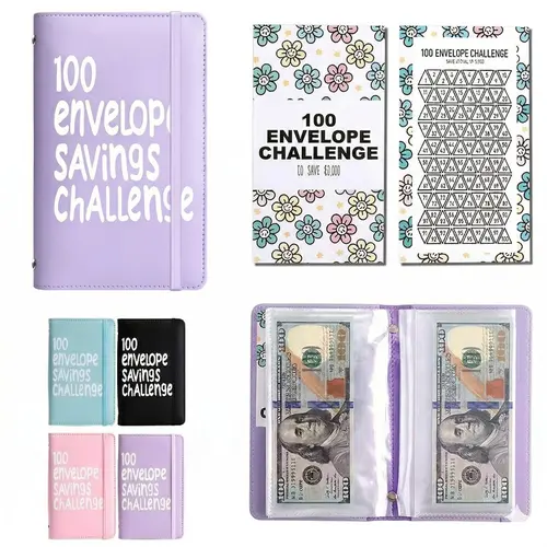 100 Envelope Savings Challenge Book - Office Stationery Supplies Money Savers Binder with Daily Tracker, Aesthetic Cash Envelope System, Budget Planner Notebook for 100-Day $5,050 Savings, Habit Building