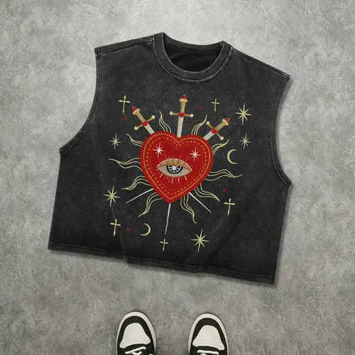 Men's Vintage-Washed Sleeveless Loose Baggy Oversized Tank Top with Sacred Heart and All-Seeing Eye Graphic Print, Gothic Streetwear Vest