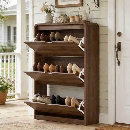 Wooden Shoe Cabinet with 3 Flip Drawers & Adjustable Shelves, Narrow Freestanding Shoe Storage Cabinet, Hidden Slim Shoe Rack Cabinet for Entryway, Walnut