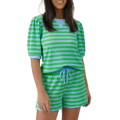 Mntaor Women’s Green Striped Puff Short Sleeve Matching Set Comfy Top Elastic Waist Shorts Perfect for Summer Vacations Beach Days Casual Outings Womenswear Clothes