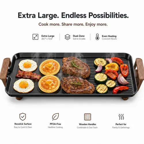 AORAN Electric Nonstick Grill-Griddle Combo, Kitchen Appliances - Smokeless Table Top Grill, Comal-Style Griddle, Removable Adjustable Temperature Setting, Indoor BBQ & Pancake Maker for Camping Gatherings
