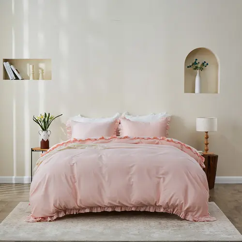 Simple&Opulence 100% Soft Organic Cotton Bedding Set - Breathable Duvet Cover with Ruffle-Lace, Button Closure, Wrinkle Resistant, Boho Shabby Chic Decor, Gentle 30°C Wash Fits Busy Routines, Cool Sleep Support