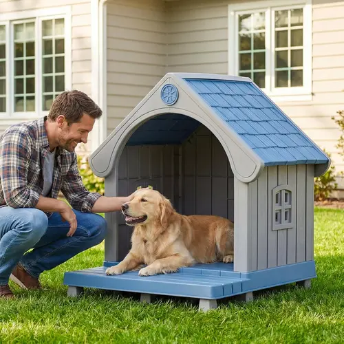 Dog House Outdoor Indoor Waterproof, Large Plastic Dog House with Elevated Floor and Air Vents, Sturdy Puppy Shelter for Medium Large Dog, Easy to Assemble, (Blue 38×37×33 Inches)