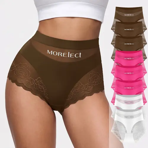 MORELECT Women's High-Waist Everyday Panties - Basic Style Sheer Mesh Briefs (5/6/8 Pcs), Lightweight, Breathable, Soft Comfy Fit, Logo Waist Flair, Light Mesh Keeps You Cool, Stylish Spring Summer Wear, Do Not Dry Clean