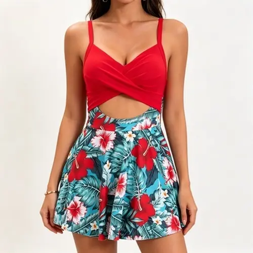 AgeRose Women's 1-Piece Swim Dress - Tummy Control V-Neck Resort Swimsuit Dress with Skirt Hem, Wrap Tie-Back for Vacation Beachwear, Pool Parties (Bathing Suit)