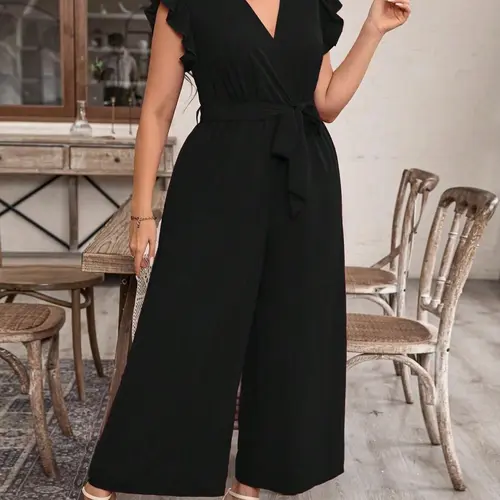 Plus Size Women's Bodycon Jumpsuit Fit, Elegant Sleeveless Ruffle Romper with V Neckline, Casual Chic Fashion One-Piece Womenswear for All Seasons, Effortless Playsuit, Tank Jumpsuit