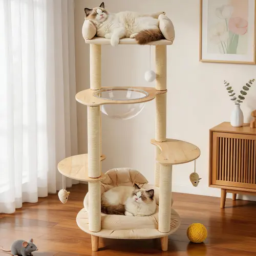 ZZWHOM Minimalist Heavy Duty No Drill 4-Tier Solid Wood Cat Tree - 45.7in Stable Multi-Post Multi-Cat Tower with Cozy Bed, Capsule, Extra Wide Perch, Chew Resistant, Hand Wash Only to Keep Your Feline Friends Happy