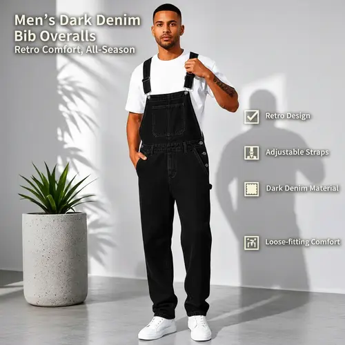 ESDVQ Men's Denim Bib Overalls - Premium Stretch Woven Retro Dungarees, Rugged Plain Design, Baggy Adjustable Straps, Loose Roomy Fit, Dark Blue, Built-In Pockets, Sturdy Construction Casual Work Menswear