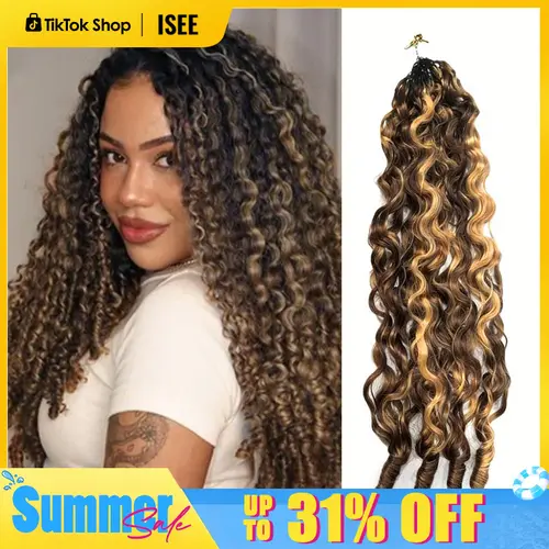 ISEE HAIR Burmese Curly Crochet Hair Human Hair Extensions Highlight Brown / Natural Black / #4 Chocolate Brown–Pre-Separated Miracle Knots 50g/Pack Boho Knotless Braids,Summer Braids ,#SoHoChic #TikTokShopBackToSchool