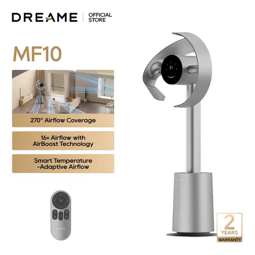 DREAME MF10 Bladeless Tower Fan with 270° Whole-Room Air Circulation, Smart Standing Fan with TempSync, AirBoost Technology, 10 Speeds, 3 Modes, Washable Filter
