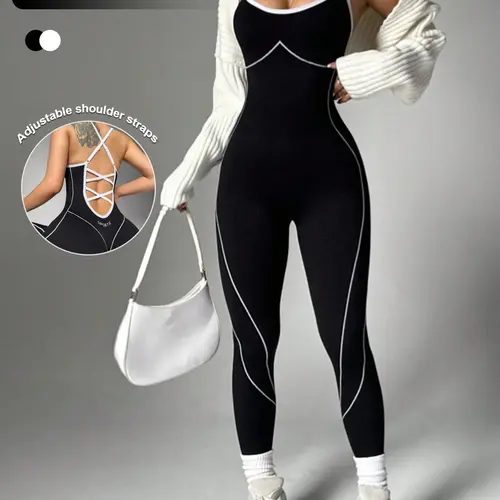 Women's Colorblock Seamless High-Stretch High Elasticity Jumpsuit, Athletic Jumpsuits, Sleeveless Criss-Cross Back, Comfortable for Yoga Gym and Outdoor Wear, Sporty Workout Jumpsuit, Sports Jumpsuit, Tight Yoga Jumpsuit