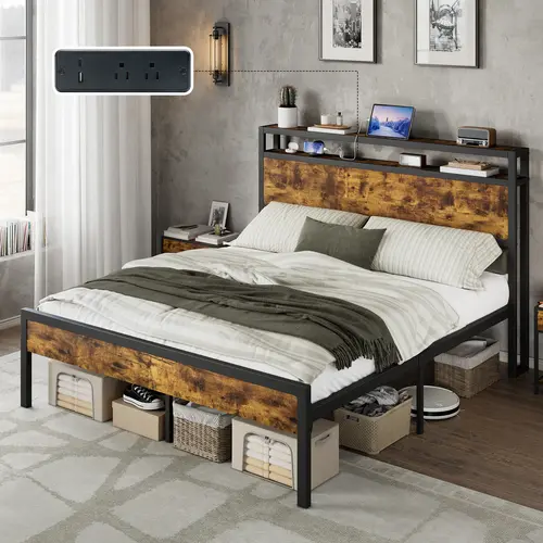 AMERLIFE Industrial Metal Bed Frame with Storage Headboard, USB Port & Charging Ports, Embedded Keeps Mattress Snug, Large Under-Bed Storage, Heavy-Duty Slats, No Box Spring Needed, Industrial Look #homemakeover