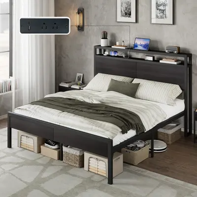 [Summerwins] AMERLIFE Bed Frame with Storage Headboard & Charging Station, Industrial Metal Platform Bed with Large Under-Bed Storage, Heavy Duty Slats, No Box Spring Needed