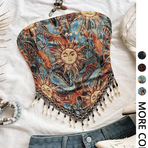 Women's Strapless Bohemian Celestial Sun Paisley Print Tube Top, Boho Handkerchief Hem Beaded Fringe Bandeau Crop Top for Summer Vacation, Festival, Beach Travel, Concert and Casual Outfits, Breathable y2k