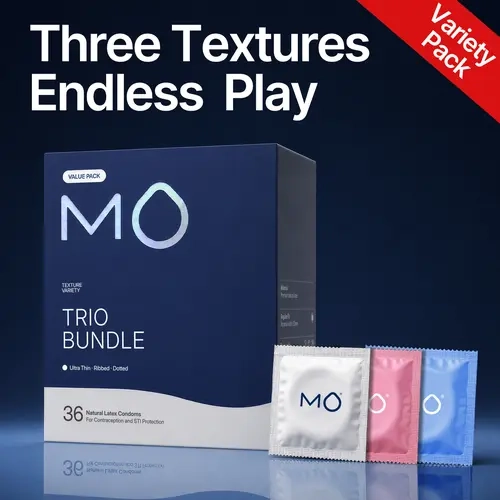 MO Trio Bundle Variety Pack Condoms for Men - Natural Rubber Latex, SohoChic, 53mm Universal Fit, 3 Sensations (Ultra Thin-Ribbed-Dotted/Textured), Silicone Glide, pH Balanced, 36 Pcs, Shopping Deals, Free 3-Day Shipping, Three