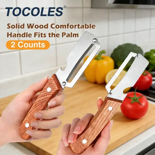AA Wooden-Handled Stainless Steel Sharp Peeler with Built-In Bottle Opener for Fruits & Vegetables Ergonomic Non-Slip Handle Long-Lasting Construction Essential Kitchen Tool