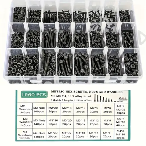 1260-Piece Upgraded-Coated Metric Bolts Set with 21 Sizes (4mm-30mm) - 12.9 Grade Hex Socket Head Cap Machine Screws, Nuts, Washers for Home Supplies summerwins,summerwins