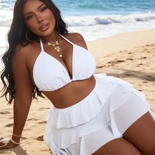 Women's Plus Size New Halter Tie Triangle Cup Mesh Bikini Set, Perfect for Beach, Pool, and Sea, European and American Style, Halter Bikini Sets, Halter Bikinis Set