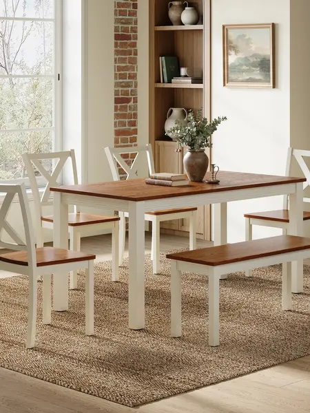 AMERLIFE 6-Piece Farmhouse Dining Table Set, 59" Wooden Table with 4 Chairs & Bench, Kitchen & Dining Room Set for 6, Space-Saving Rustic Dining Set