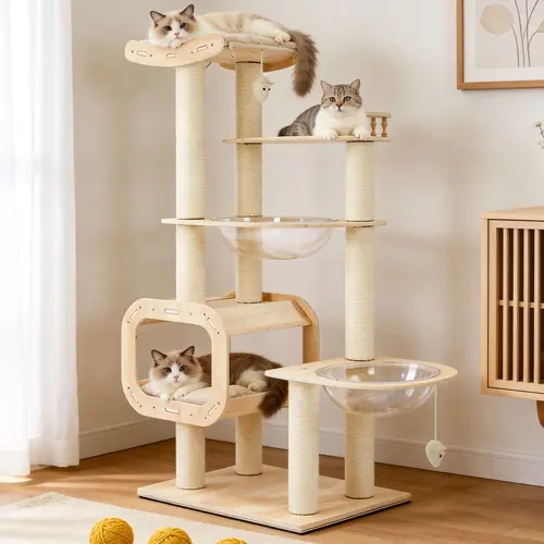ZZWHOM Calming 4-Story No-Drill Heavy-Duty Cat Tree - Solid Wood Boards, Multi-Column Design, 55.9in, 50lb Capacity Tower with Open Condo, Double Space Capsules, Perch for Multi-Cat Family Indoor Use