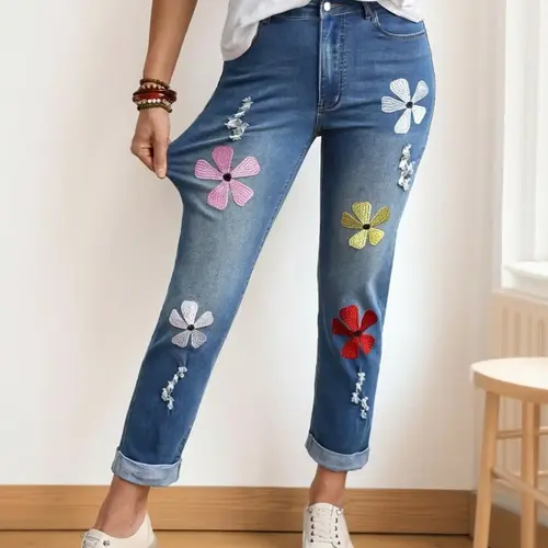 Women's Plus Size Floral Stretch Denim Jeans Pants Bottom, Fashionable Casual Everyday Wear for All-Season Trouser