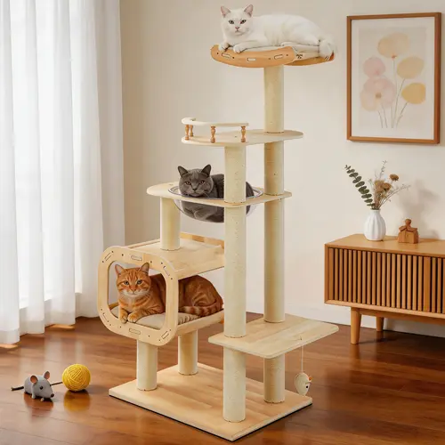 【SohoChic】Heavy-Duty No-Drill Solid Wood Cat Tree, 4-Story Multi-Column 57.9” Freestanding Pet Furniture, Safe, Elegant Style, Waterproof, Detachable, Open Condo, Space Capsule & Perch for Multi-Cat Households, Safety, Modern