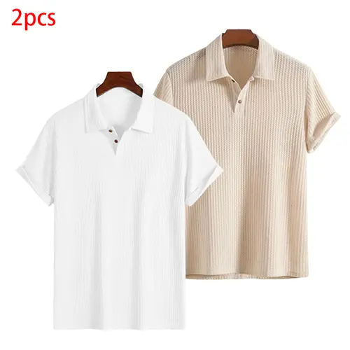 Men's 2-Pack Collared Diamond Knit Casual Loose Short-Sleeve Polo Shirts, Menswear Plain Clothes, Mens Clothing, Breathable Minimalist Solid Color Tops, Father's Day Gifts