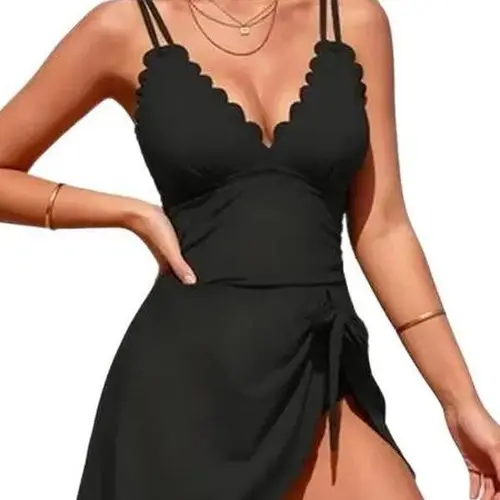 AgeRose Women's Double Strap Nylon Fabric Swim Dress, Solid V-Neck 1-Piece Swimsuit with Tummy Control & Adjustable Side Tie Knot, for Pool Parties & Casual Swimming