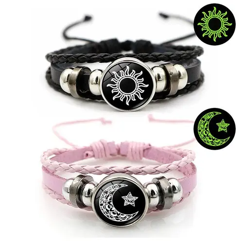 Couple's Leather Braided Multi-Layer Beaded Handmade Bracelet with Glow-in-the-Dark Sun & Moon Charms, Vintage Punk Jewelry for Women, His and Hers Men's Accessories, Gift for Boyfriend & GF