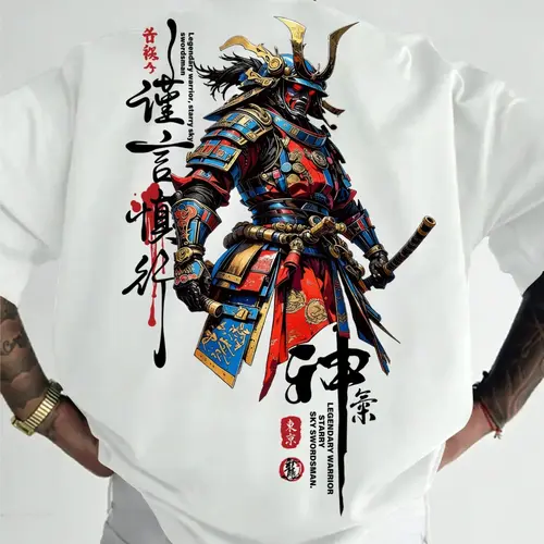 Men's Samurai Print Round Neck Short Sleeve Sporty Streetwear T-Shirt Casual Graphic Top, Comfortable Baggy Loose Casual Fit for Summer & Spring, Versatile Multi-Purpose Tee