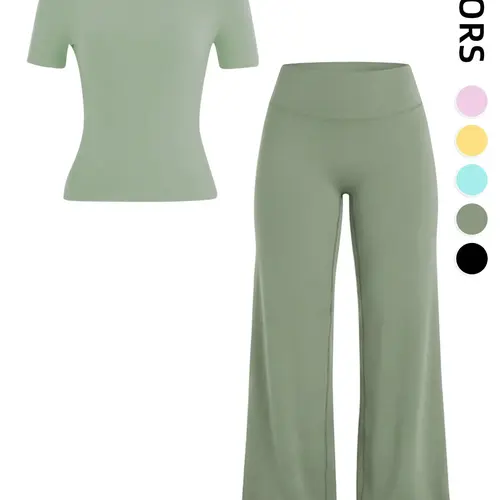 Women's Sporty Two-Piece Set, High-Elastic Round Neck Short Sleeve Tee, High-Waisted Pants, Soft Breathable Yoga Gym Wear, Exercise Clothing Set, Fitness Clothing, Athleisure Activewear, Activewear Workout Set