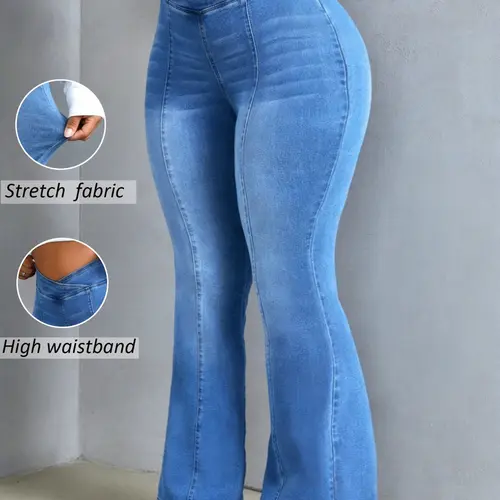 Women's Plus Size Basic Elastic Micro Flare Denim Jeans, Flared Leg Jeans, High Waist Butt Lifting, Crossed Waistband, Vintage Washed Blue, Casual Long Pants Womenswear Denim Bottoms