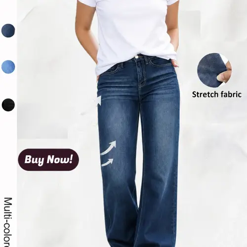 Women's Plus Size Vintage Washed Straight Leg Jeans, High Stretch Elastic Loose Fit, Mid Waist, Casual All Season, Basic Essential Commute Pants