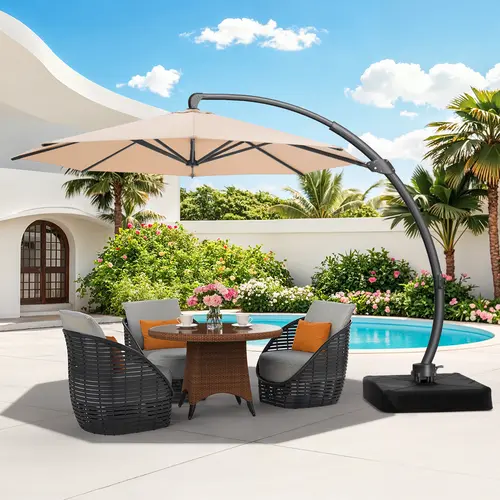ONBRILL 10 FT Heavy Duty Canopy Sun Parasol Umbrella - Aluminium 3-Tier Adjustable Tilt Outdoor Table Umbrella with 8 Sturdy Glass Fiber Ribs, Push Button Tilt Crank, Included Base for Patio, Garden (Home Decor, Camping Essential)