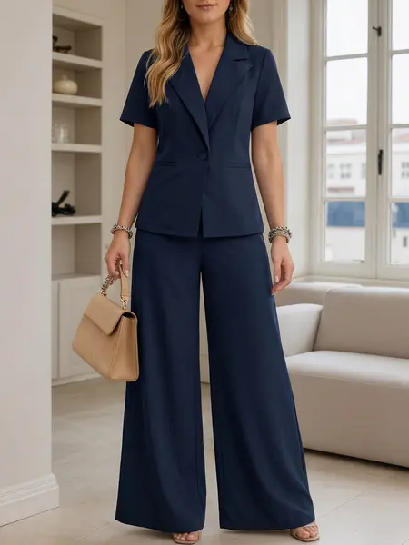 ZANZEA Women's Casual Chic Elegant Minimalist Aesthetic Suit Set, Blazer Neck Short Sleeve with Pockets, Bodycon X-Shape Wide Leg Pants, Ideal for Daily Outing and Commute