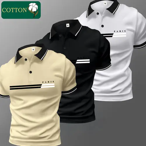 Stylish Men's Polo Shirt Set, Printed Cotton Menswear Top, Short Sleeve with Turn-Down Collar, Skin-Friendly Fabric,back to school,back to school shopping, Casual