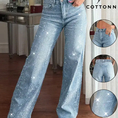Women's High-Waisted Wide-Leg Jeans Pants, Light Wash, Rhinestone Decorated Denim, Sparkly Effect, Elastic Waist with Pockets, Casual Fashion Fit, Casual Design Jeans