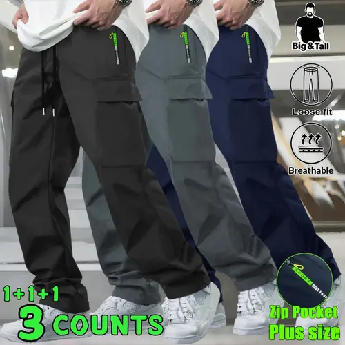 Men's Big & Tall Relaxed Fit Casual Trousers, Elastic Drawstring Waist Multi-Pocket Plus Size Pants, Breathable Streetwear Bottoms, Outdoor Hiking Gym Daily Sweat Pants, Deep Phone Pockets Extended Inseam Everyday Wear