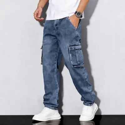 Men'S Casual Work Jeans with a Loose Fit And Straight Legs, Made from Elastic Denim for Comfort And Relaxation. These Heavy-Duty, Washed Classic Western Jeans Come in a Retro Blue Color, Feature Multiple Designer Pockets
