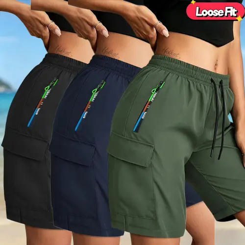 Summer Women's New Casual Cargo Shorts Knee-length Pants with Drawstring Waist, Gradient Zipper Pocket, Cargo Pocket, Lightweight for Daily Casual Wear Bottom Womenswear,shorts women,women's shorts,comfy shorts,summer shorts