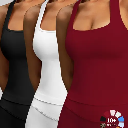 1/2/3 Pcs Women's Yoga Halter Neck Tank Top, Sleeveless Sports Top, Stretchy Workout Top, Casual Workout Tops, with Removable Pads, Three-Layer Seamless Backless Tank Tops Casual Solid Color Soft All Seasons Wear