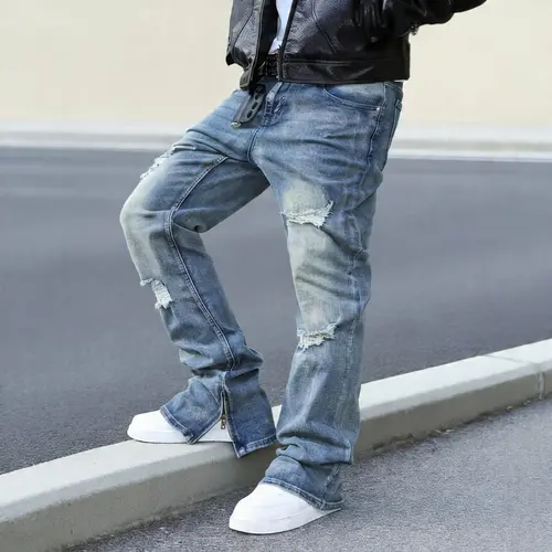 Men's Mid-Rise Straight-Leg Denim Jeans - Menswear, Stretch Blend, Distressed Ripped Details, Leg Zipper, Durable Plain Fabric, Pocket, Comfortable, Versatile, All Seasons, Trendy Outfits