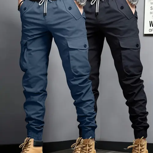 Men's Cargo Pants (Pack of 1 or 2) - Menswear Casual Tapered Trousers with Multiple Pockets, Drawstring Cuffs, Built-in Storage, for Hiking, Light Outdoor Use, Cargo Men's Pants, Pack Of 2