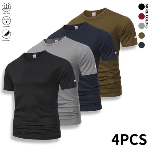 Men's Casual Crew-Neck Polyester Knit Short-Sleeve Solid T-Shirt - Athletic Apparel with Airflow, Quick Dry, Casual Fit for Biking, Workouts