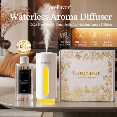 CoreFavor Waterless Essential Oil Diffuser with 120ml Oil, Wall-Mountable & Rechargeable, Portable Battery-Operated Cold Air Aroma Scent Machine, 6 Mist Modes with 5 Color LED Lights, Quiet Diffuser for Bedroom, Office, Bathroom&Car