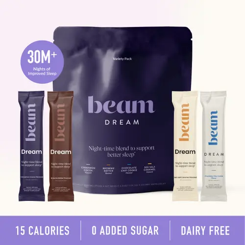 Beam Dream Nighttime Hot Cocoa Variety Pack - 20 Sticks Dietary Nutrition Supplement Deep Sleep Aid, 4 Flavors (Including Cinnamon) with Melatonin, L-Theanine, Magnesium, No Added Sugar