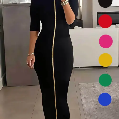 Women's Two-In-One Zipper Elegant Minimalist Basic Fit Bodycon Midi Dress, Three-Quarter Sleeve Boat Neck, Elastic Knit, Spring Summer Fall Casual Daily Wear, Womenswear
