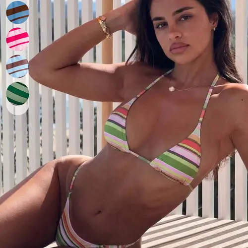 Women's Summer Vacation Swimwear, Striped Spaghetti Strap Triangle Bikini, Two-Piece Set, Sexy Slim-Fit, Beach Fashion Swimsuit, Swimsuits Set, Fitted Swimsuit