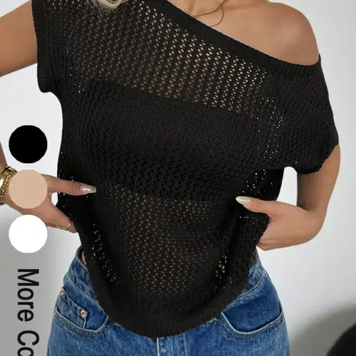 Summer Boat Neck Drop Shoulder Casual Loose Knitted Top, Long Sleeve Star Pattern Vest, Comfortable and Stylish Summer Wear, Womenswear Knitwear, Casual Fashion Knitwear